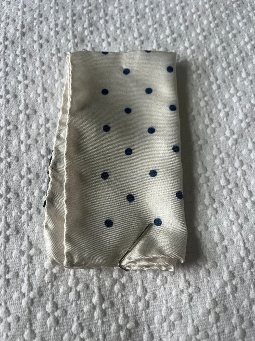 Handkerchief.  White with blue poka dots.  Made in Italy.  NEW.  Retail:$49+tax